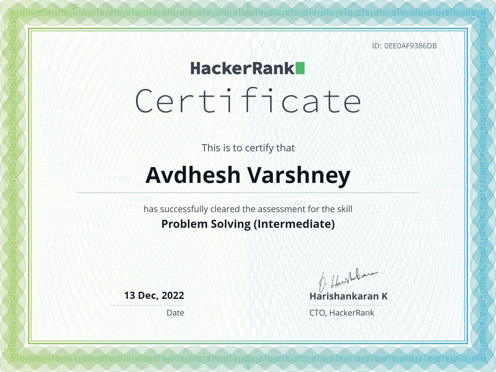 HackerRank Problem Solving Intermediate Certificate